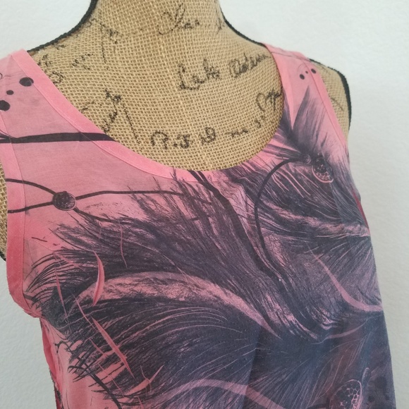 SHASA pink grey  Semi•sheer feather graphics tiered tank top Small Casual Beach - Picture 7 of 7